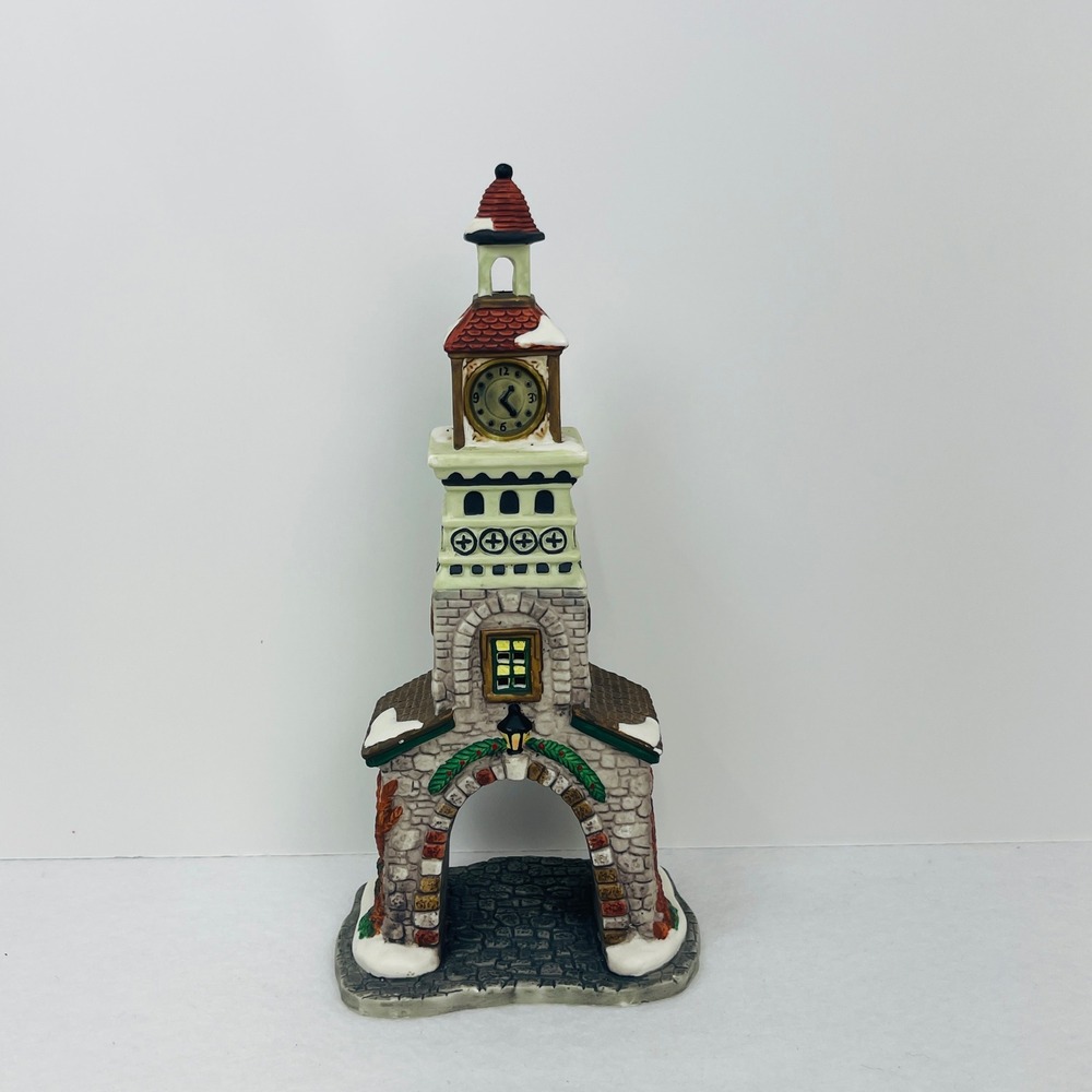 Christmas Village Clock‎ Tower Ceramic Snowy Holiday Building Decor 10.5 Inch